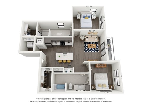 Floor plan for 2 beds, 2 baths, 1106 sqft